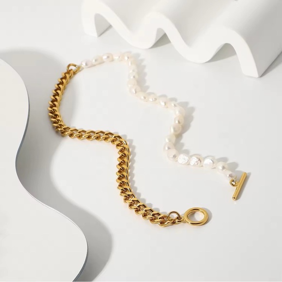 18K Gold Plated Freshwater Pearl Chain Necklace - Picture 3 of 6